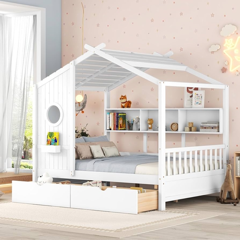 Playful House Bed with Circular Window and Dual Storage Drawers