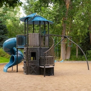 Playground Set with Blue Spiral Slide and Curved Swing Arch