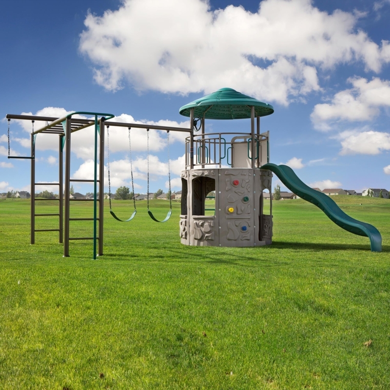 Playground Set with Integrated Climbing Wall and Multi-Level Tower