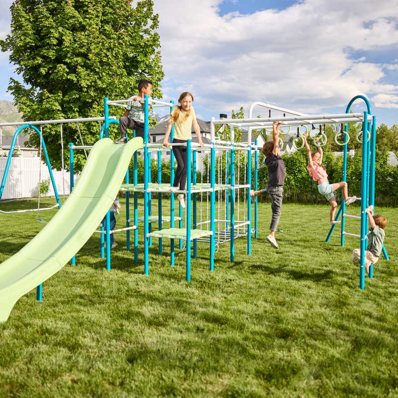 Playground Set with Teal Blue Poles and Gymnastic Rings