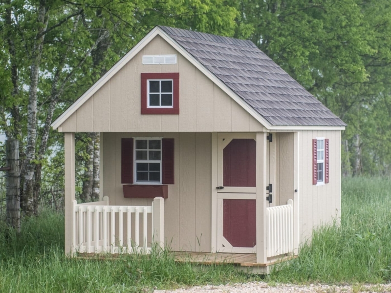 Playhouse Cottage Style Warm Tan Maroon Trim Dutch Door Front Porch