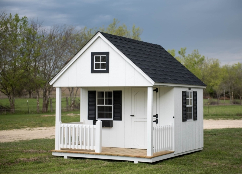 Playhouse Modern Farmhouse White with Black Shutters and Front Porch