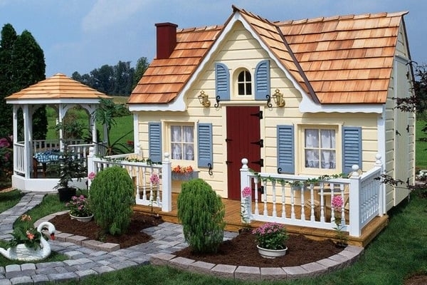 Playhouse Storybook Cottage Pale Yellow Cedar Shingle Roof Red Door