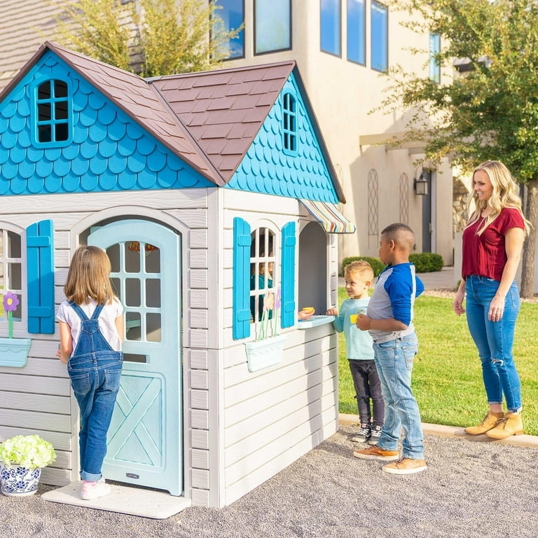 Playhouse Whimsical Backyard Blue Scalloped Shingles Striped Awning