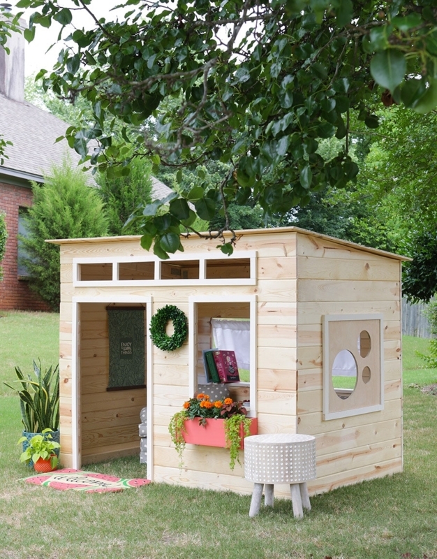 Playhouse with Transom Windows, Natural Wood & Planter Box