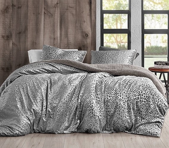 Plush Duvet Cover Set with Metallic Silver Leopard & Sherpa Lining