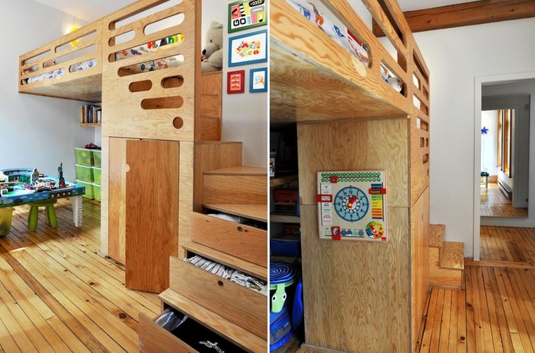 Plywood Loft Bed with Staircase Drawers and Cutouts