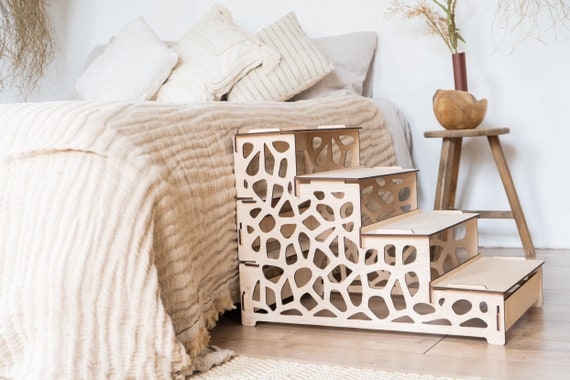 Plywood Pet Ladder Organic Laser Cut Pattern Natural Wood 4-Step
