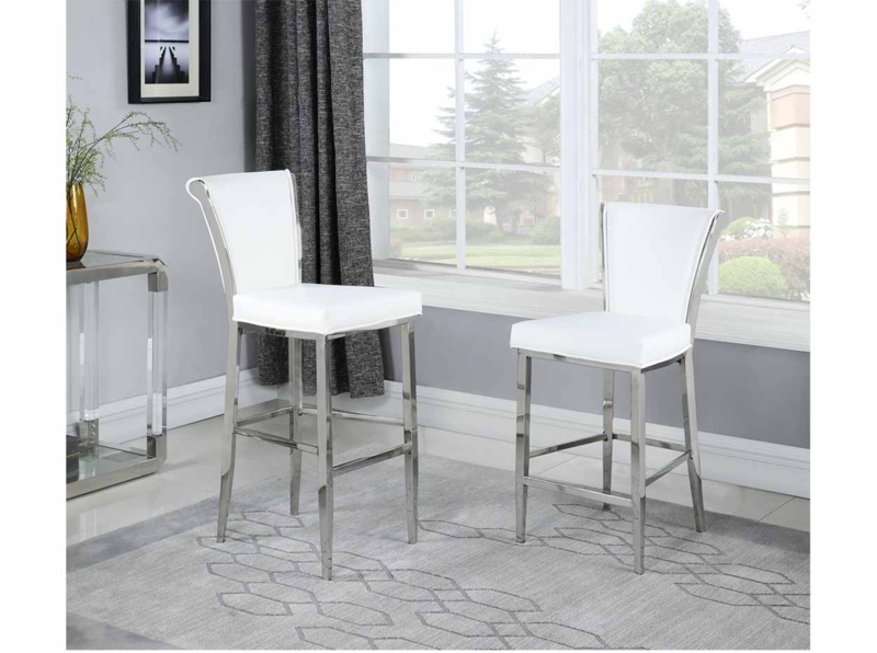 Polished Chrome Counter Stool White Leatherette Square Seat Slim Profile.