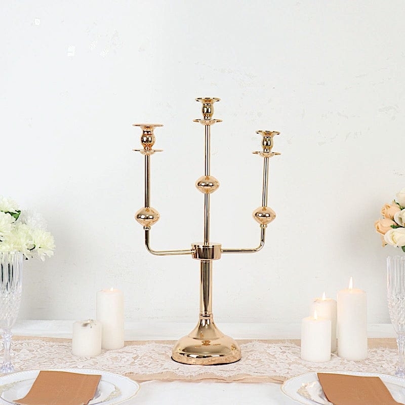 Polished Gold 3-Arm Candelabra with Decorative Spherical Stem Accents