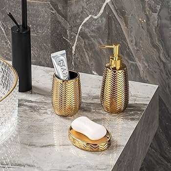 Polished Gold Bathroom Set Wavy Chevron Texture 3-Piece Glam