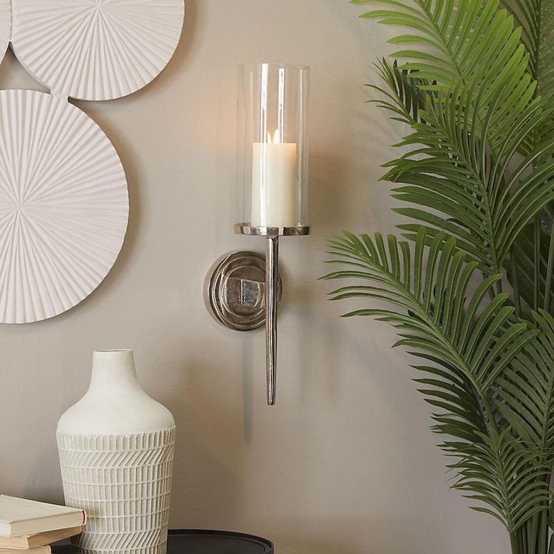Polished Silver Aluminum Sconce with Ridged Backplate and Glass