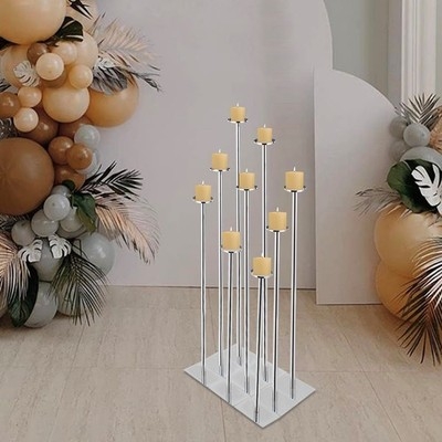 Polished Silver Candelabra with Staggered Heights for Ten Pillar Candles