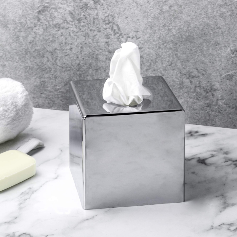 Polished Silver Cube Tissue Holder with Seamless Minimalist Edges