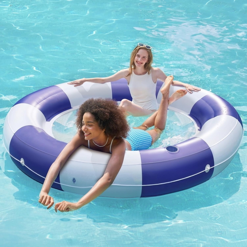 Pool Float Circular Design Navy White Stripes Mesh Bottom Lounger