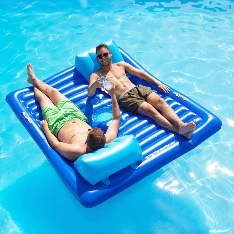 Pool Float Oversized Square Ribbed Top Blue Inflatable Lounger