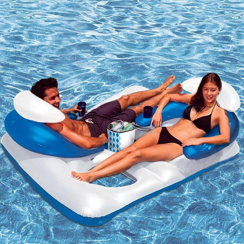 Pool Lounger Contoured Armrests Center Cooler Indigo Blue Float