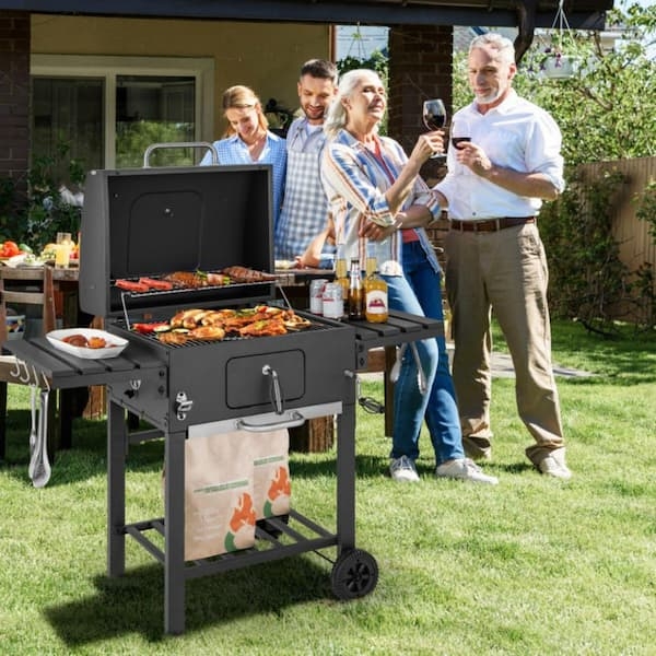 Portable Charcoal Grill with Foldable Side Tables and Integrated Hooks