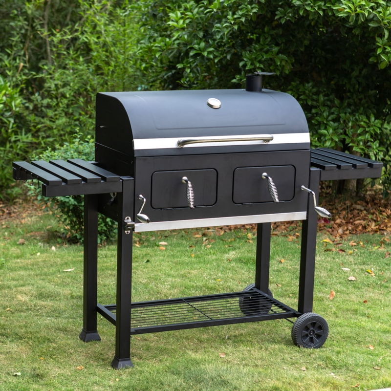 Portable Charcoal Grill with Slatted Side Shelves and Spring Handles