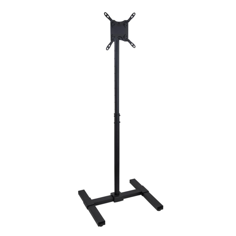 Portable TV Floor Stand: H-Shaped Base, Telescoping Pole, Slim Profile.