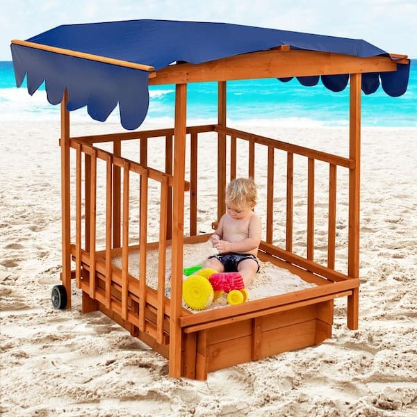 Portable Wooden Sandbox with Built-In Wheels and Retractable Canopy