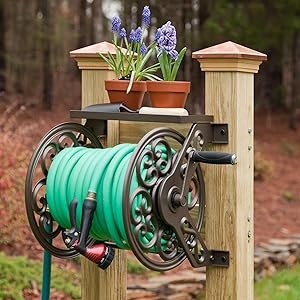 Post Mount Garden Hose Reel: Integrated Shelf with Spray Nozzle