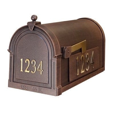 Post Mount Mailbox Featuring Gold Address Numbers and Arched Profile