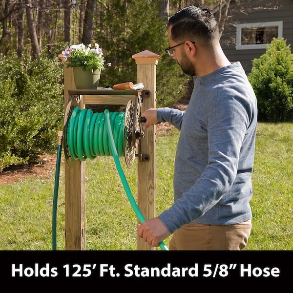 Post Mounted Hose Reel: Bronze Aluminum with Decorative Scrollwork