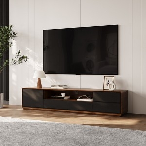 POVISON Modern Wood TV Stand, Lowline TV Console With Drawers, Open  Storage, Cabinet, Walnut Veneer, Fully-Assembled.70.87"