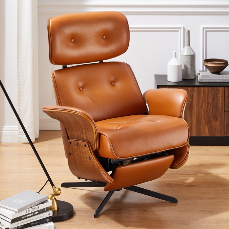 Power Recliner Chair Cognac Leather Three-Tier Backrest