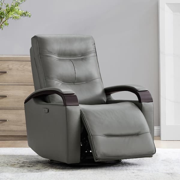 Power Recliner Chair Haze Grey Leather Swivel Glider Wooden Arms