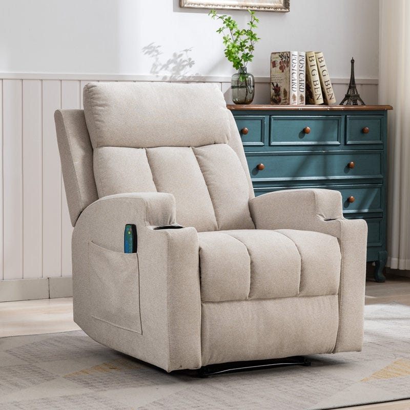 Power Recliner Oatmeal Fabric Wired Remote Cup Holders