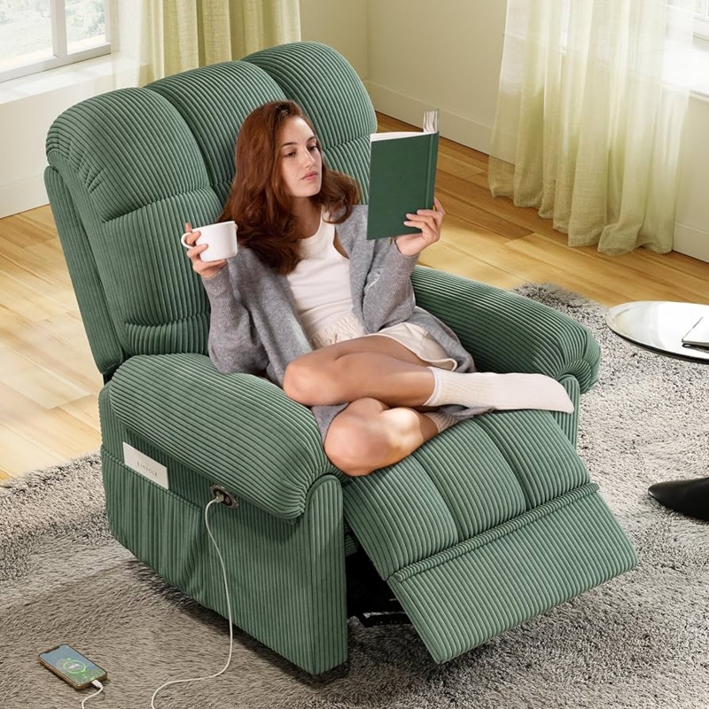 Power Recliner Sage Green Corduroy USB Charging Port Modern Nursery