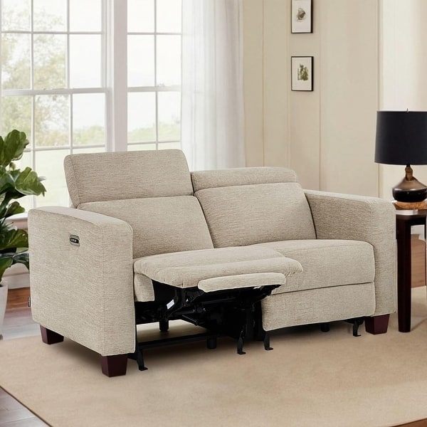 Power Reclining Loveseat Beige Fabric Wall Hugger with Adjustable Headrest