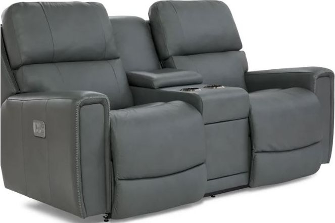 Power Reclining Loveseat Blue Grey Leather with Console & Headrests