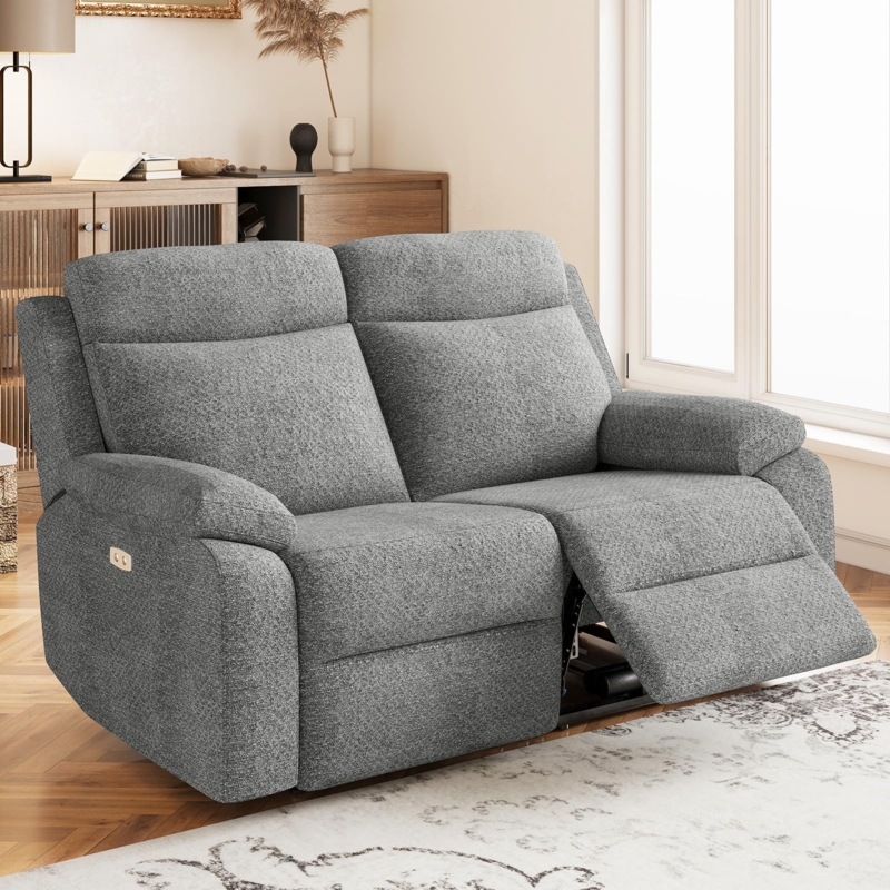 Power Reclining Loveseat Charcoal Heathered Fabric with Brass Controls
