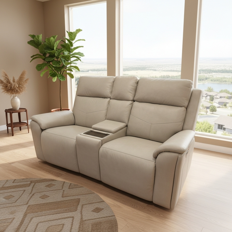 Power Reclining Loveseat Cream Leather with Integrated Storage Console