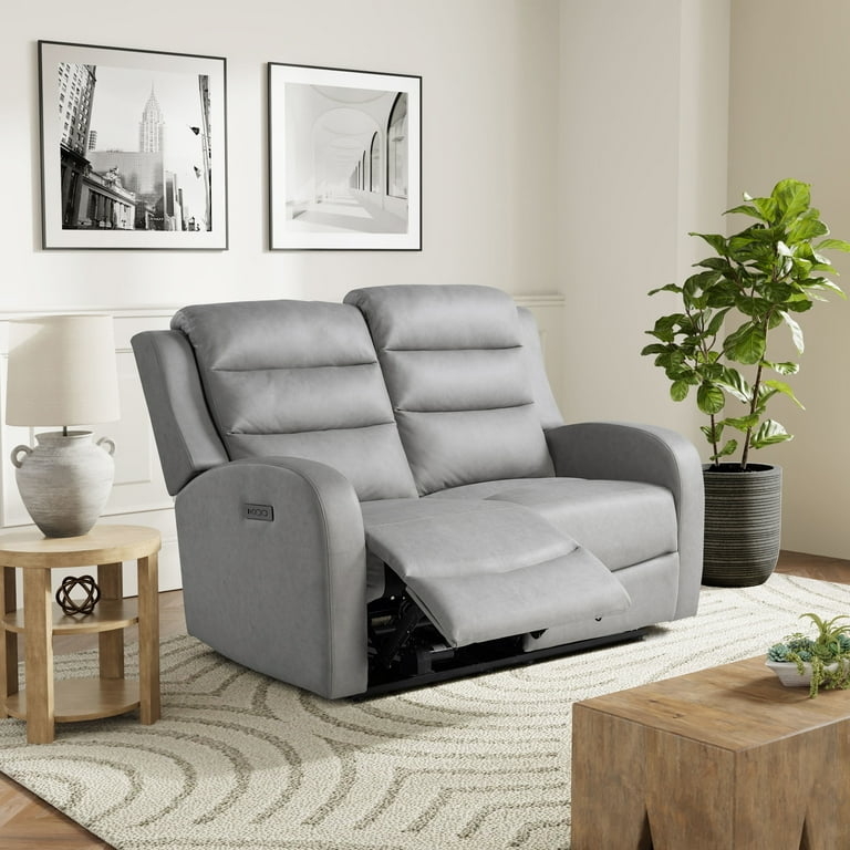 Power Reclining Loveseat Grey Faux Leather with Channel Tufting
