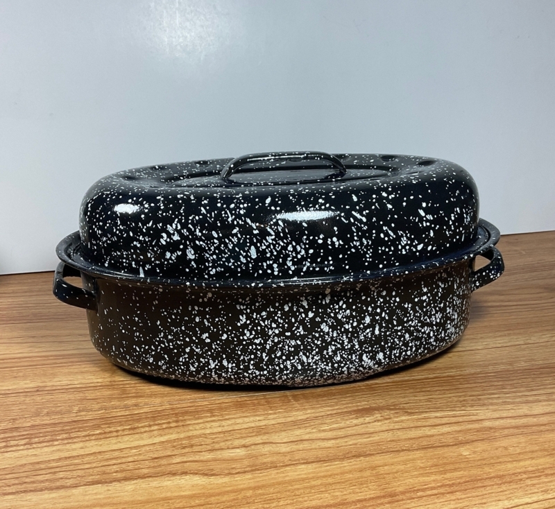 Primitive Vintage Roasting Pan Speckled Enamel Oval