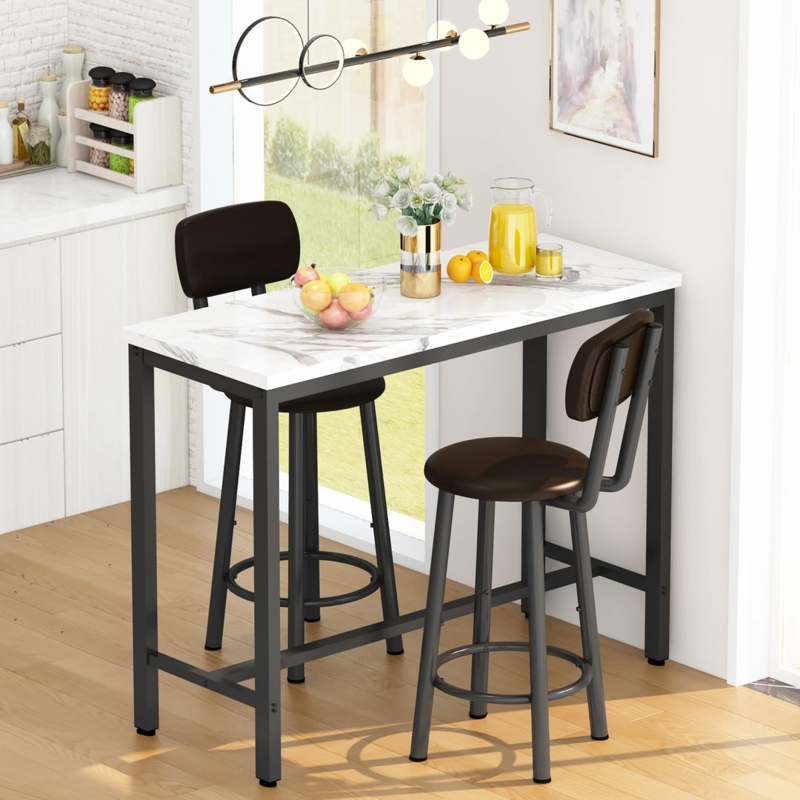 Pub Table Set 3-Piece Marble Pattern Top Black Metal Frame Bistro