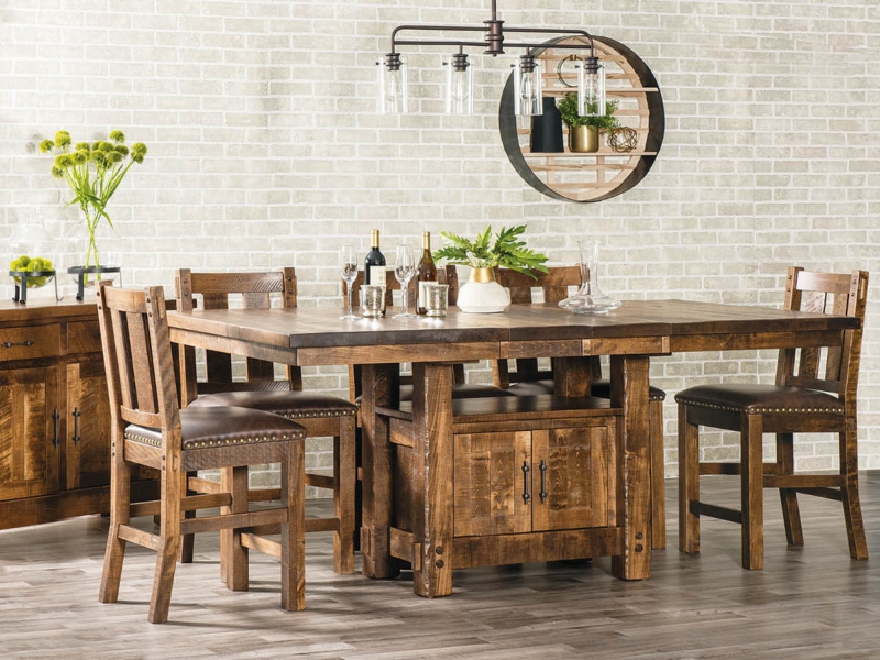 Pub Table Set Cabinet Base Nailhead Trim Textured Wood Rustic