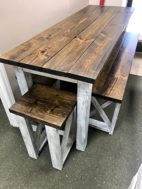 Pub Table Set Distressed White Base Walnut Top X-Brace Legs