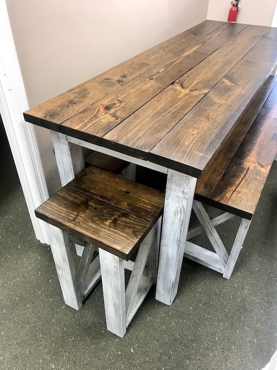 Pub Table Set, Distressed White Base with Dark Walnut Plank Top