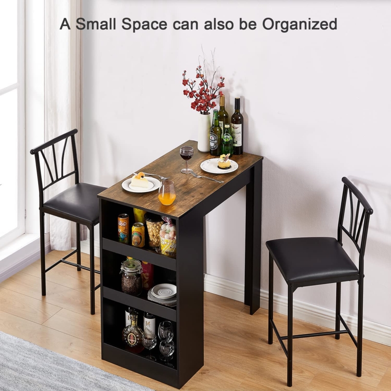 Pub Table Set Industrial Three Tier Storage Slatted Back Stools