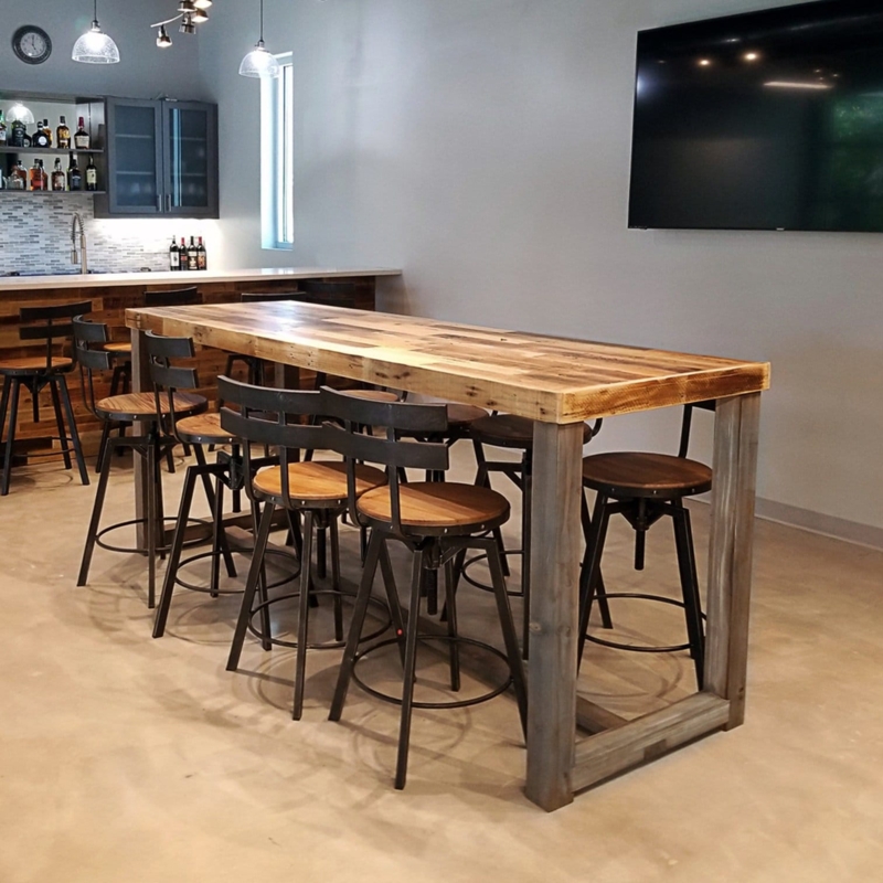 Pub Table Set, Reclaimed Style Plank Top with Swivel Stools