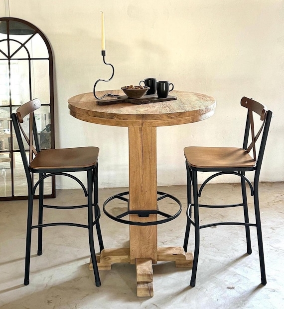 Pub Table Set Round Pedestal Base Cross Back Stools Footrest Ring