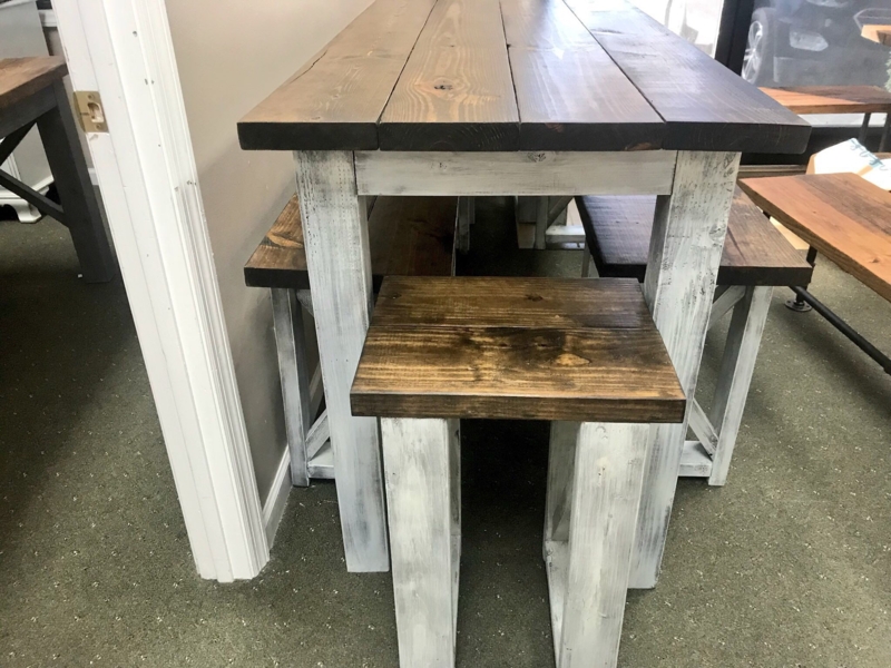 Pub Table Set Whitewashed Base Plank Top Dark Walnut Rustic
