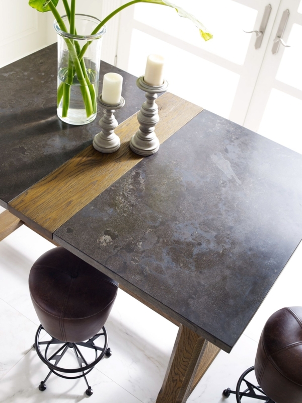 Pub Table Stone Top Wood Inlay Tufted Stools Mixed Material