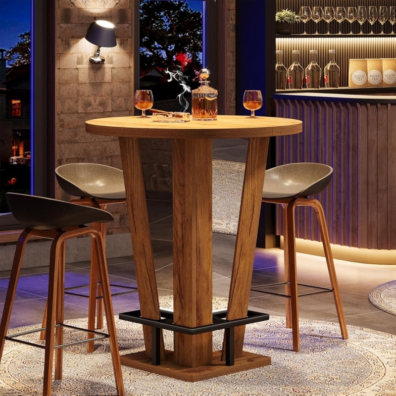 Pub Table Three Pillar Legs Integrated Metal Footrest Wood Grain