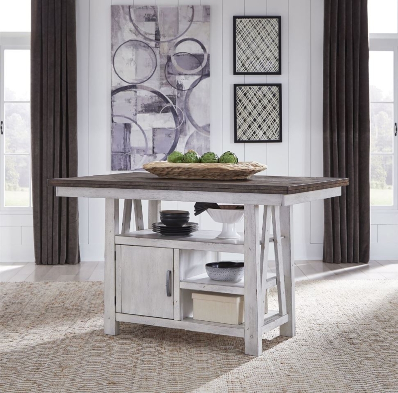 Pub Table Whitewashed Trestle Base Integrated Cabinet Two-Tone